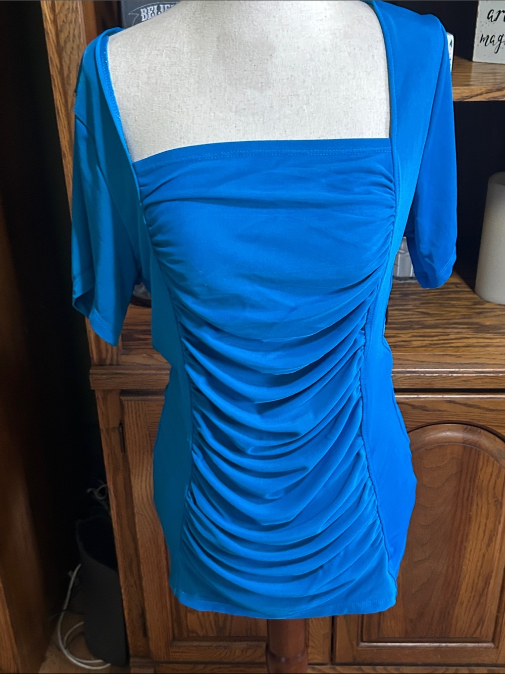Ethyl Blue Ruched Square-Neck Women’s Blouse Large